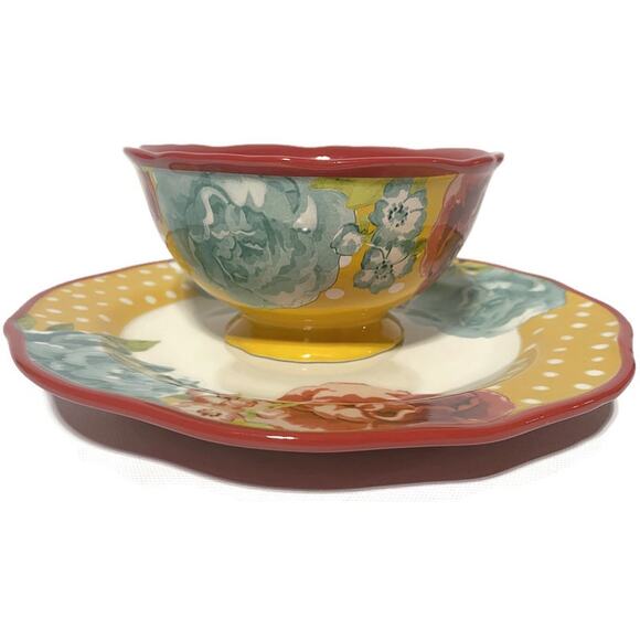 Pioneer Woman Blossom Jubilee Matching Plate and Footed Bowl Set of 2 Red Yellow - Picture 2 of 8